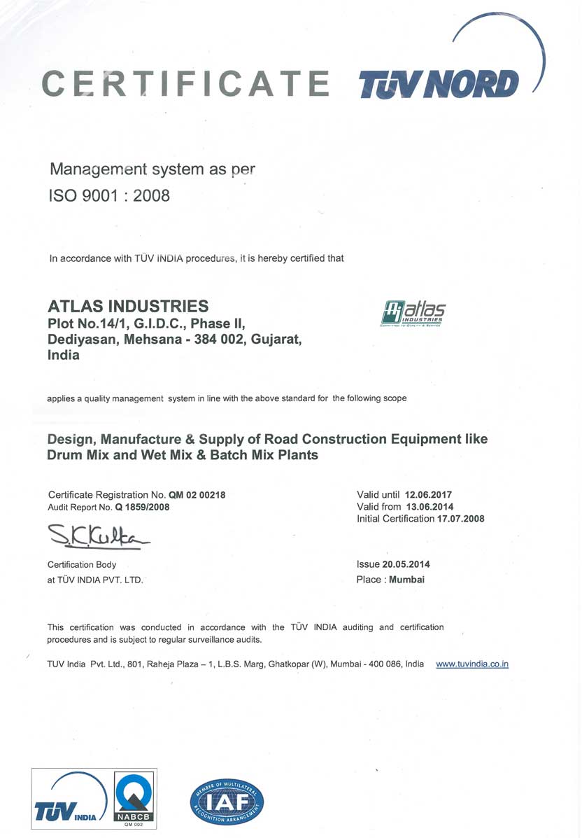 ISO certificate Atlas Industries